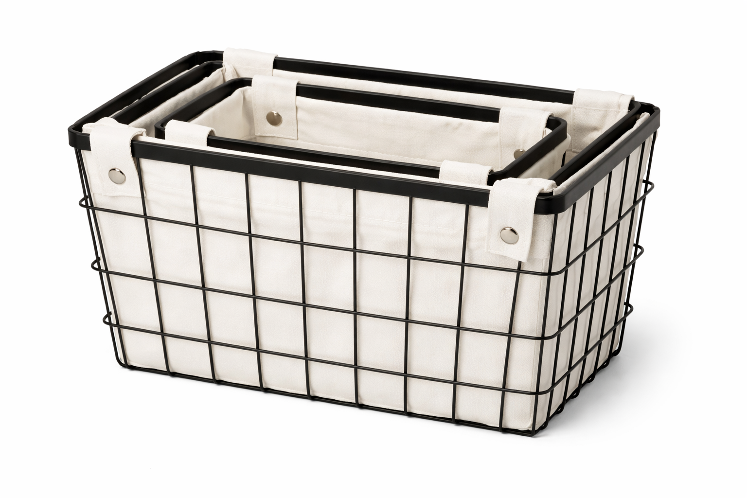 Wire baskets with white fabric liners