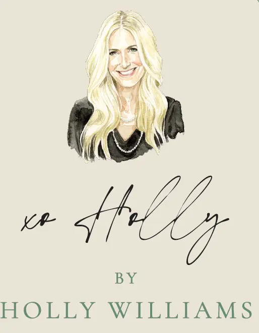 A stylized portrait of a smiling blonde woman with 'xo Holly' signature.