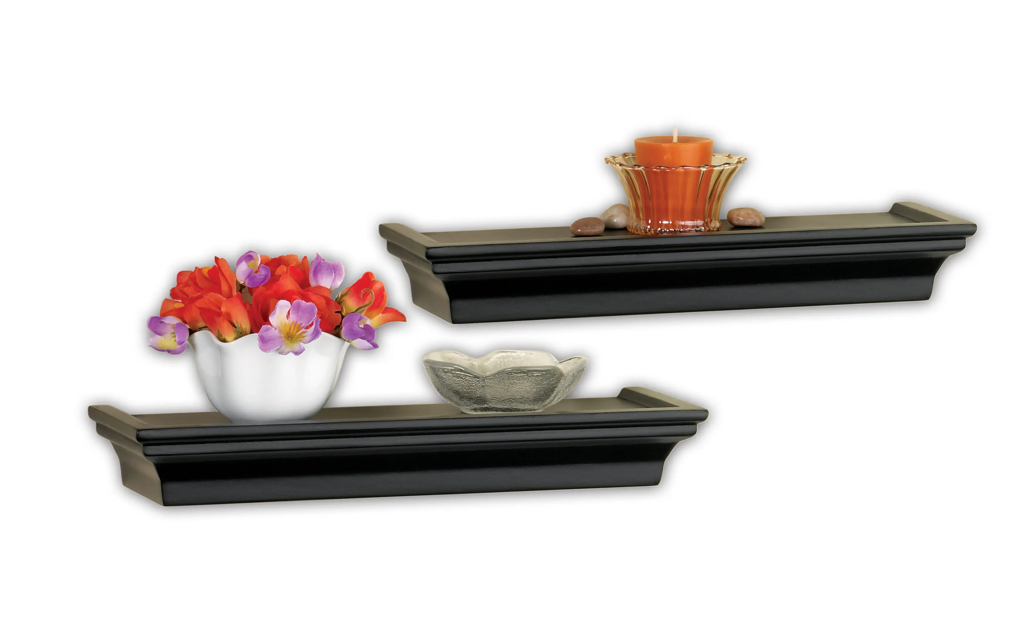 Floating shelves with flowers and candle