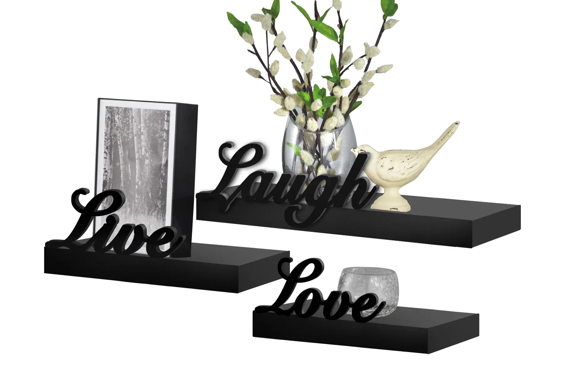Shelves displaying "Live Laugh Love" signs