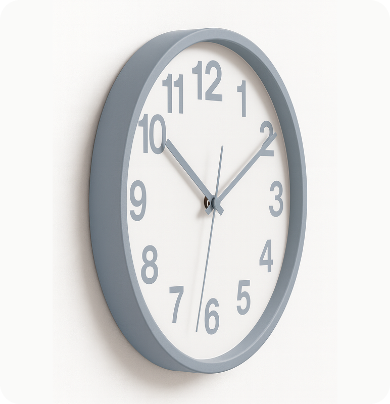 A gray wall clock showing 12:04:33.