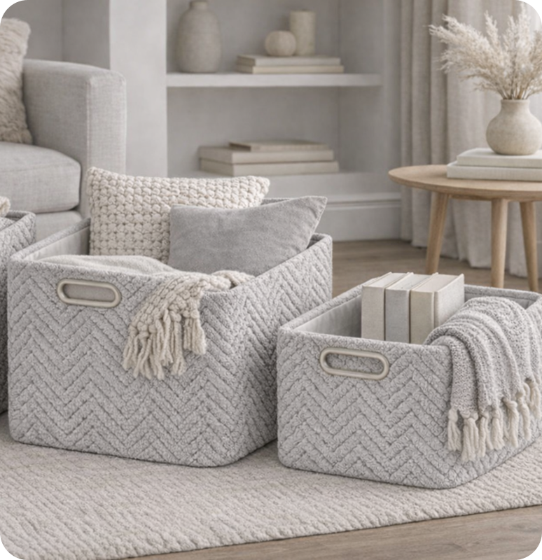 Cozy woven storage baskets with handles and soft blankets in a neutral-toned room.