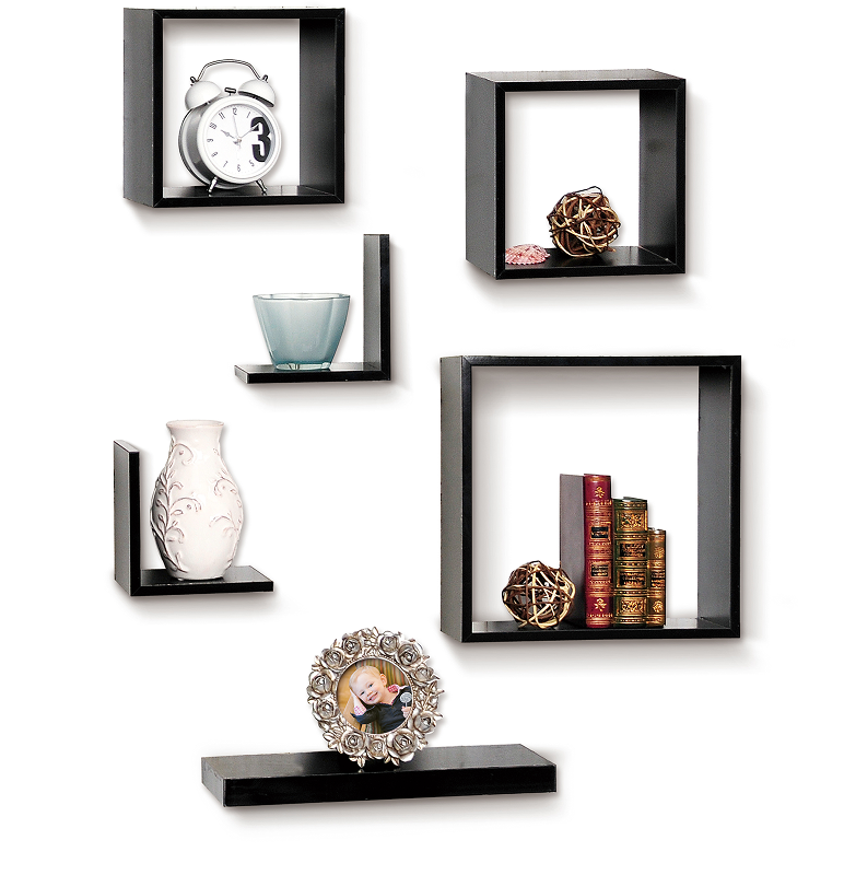 Modern black wall shelves with decorative items arranged stylishly.