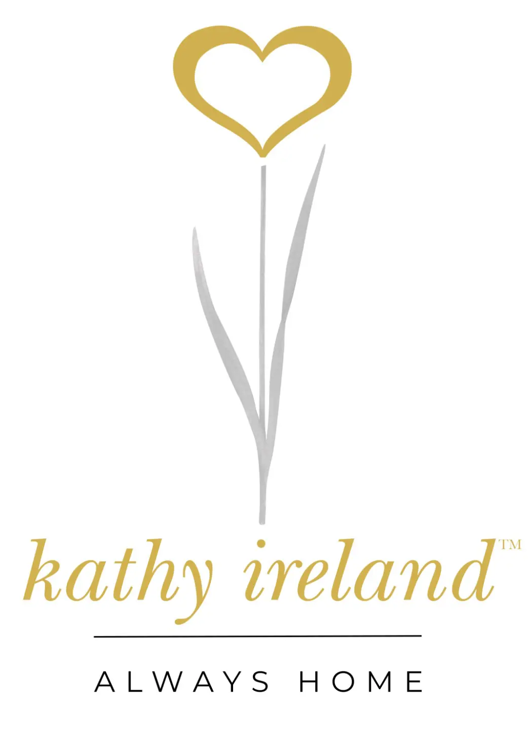 Gold and silver floral logo with 'kathy ireland' text.