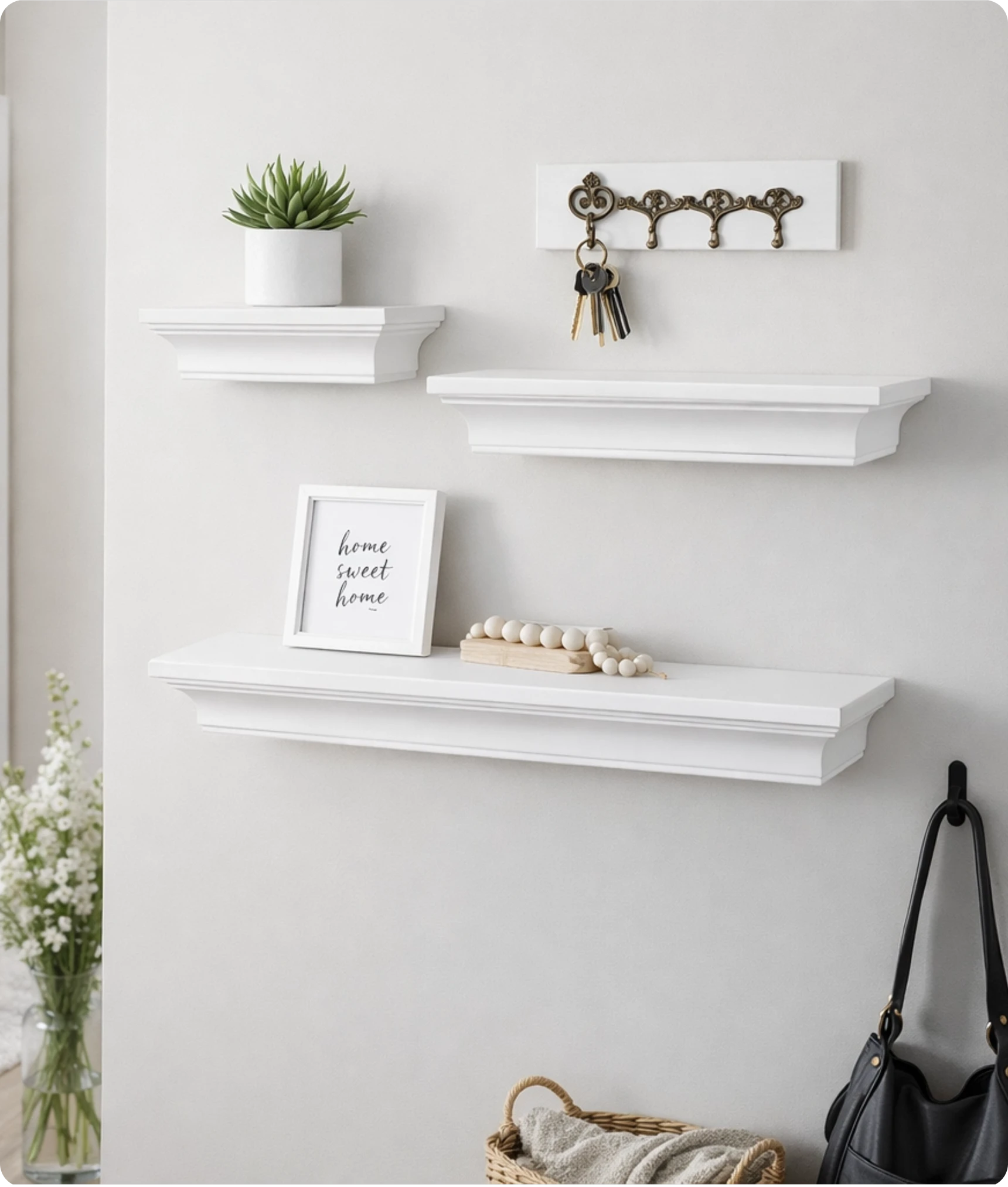 Minimalist white shelves with plant and frame